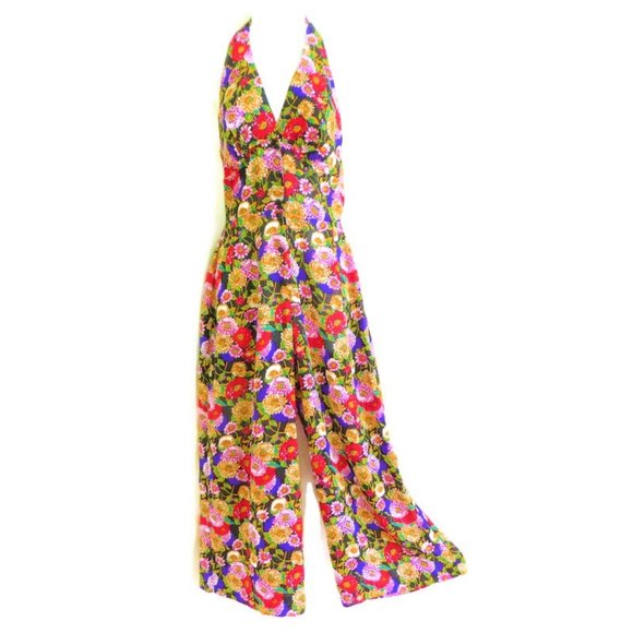 Roberta Jumpsuit Vintage 80s Empire Halter Hawaii Wide Leg Tropical Wide Leg S - Picture 1 of 7